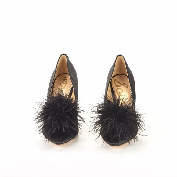 Sam Edelman Hazel Plush Black Silk Fabric Pointed Toe Feather Poof Pumps Size 8 - Picture 2 of 6